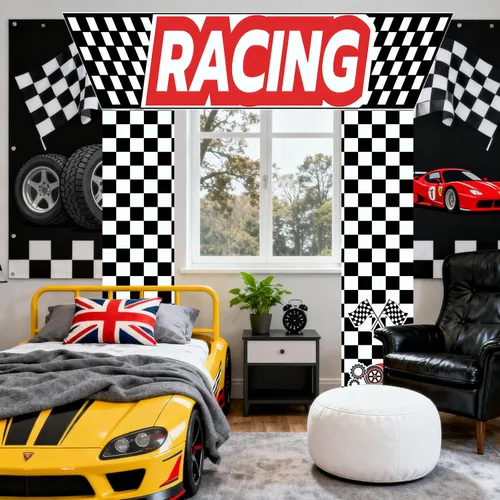 Vista 7 de Decoraciones para fiestas de autos de carreras, 3 piezas con temática de carreras, banderas a cuadros, para colgar en cabina de fotos de cumpleaños