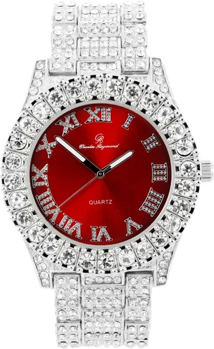 Vista 3 de Charles Raymond Reloj de hombre con números romanos y carátula de color recubierto con cristales grandes que imitan diamantes Pulsera de cadena