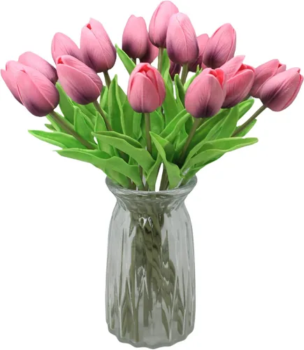 Vista 12 de Flores artificiales, 10 cabezas, mini tulipán artificial de tacto real para decoración del hogar, boda, fiesta, centro de mesa (negro)