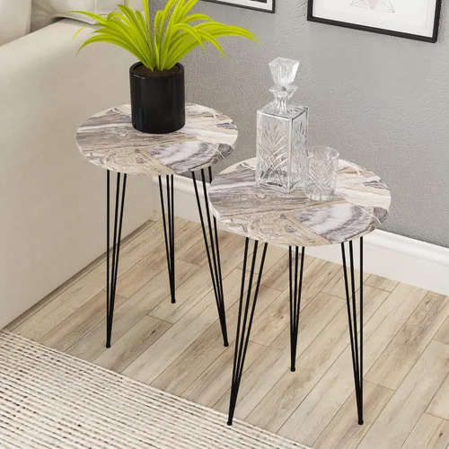 Vista 12 de Juego de 2 mesas auxiliares redondas de madera para sofá para espacios pequeños, mesita de noche con patas de metal para dormitorio, sala de estar