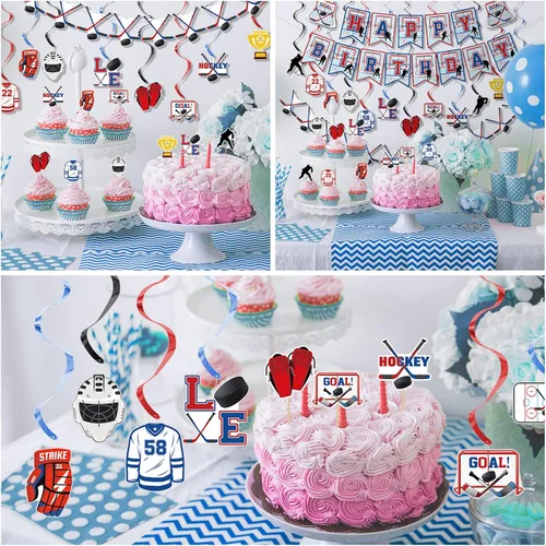 Vista 7 de 27 piezas de suministros de fiesta de cumpleaños de hockey bola de hielo, regalos de fiesta de hockey para cupcakes, remolinos colgantes