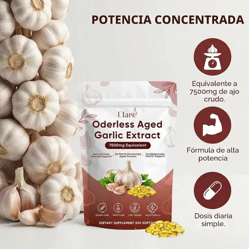 Vista 2 de Elare Extracto de ajo añejo: 300 cápsulas blandas, suplemento de ajo inodoro, 2 años de maduración, apoya la salud del corazón, el sistema