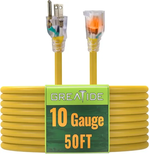 Vista 10 de Cable de extensión iluminado para exteriores de 10 pies - Cable de extensión amarillo resistente SJTW 10/3 con enchufe a tierra de 3 puntas