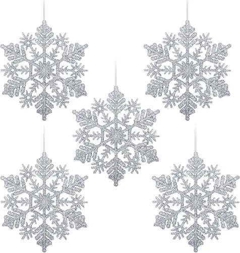 Vista 10 de Paquete de 30 adornos de copo de nieve con purpurina azul, decoraciones de plástico para árbol de Navidad para el país de las maravillas