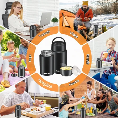 Vista 3 de Tarro de comida aislado de acero inoxidable, paquete de 2 unidades para trabajo y viajes, color negro Vacuum insulated thermos keeps soup/pasta