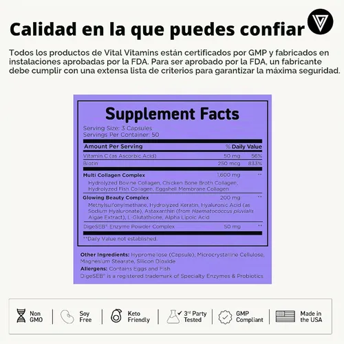 Vista 5 de Vital Vitamins Complejo Multi Colágeno Plus Biotina, Ácido Hialurónico