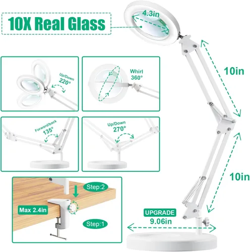 Vista 8 de Lámpara de lupa 10X con luz y soporte, lámpara de lupa LED 2 en 1, lupa con luz de 3 colores y atenuación sin escalones, lámpara de lupa de vidrio