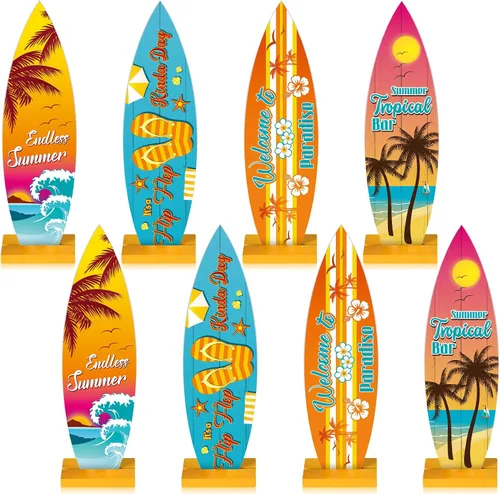 Vista 8 de Blulu 8 piezas de decoración de mesa de tabla de surf, letreros de playa, letrero de bienvenida al paraíso, centros de mesa de bar tropical, letrero