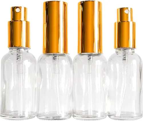 Vista 3 de Paquete de 12 botellas de vidrio transparente de 1 onza para aceites esenciales, botella de spray pequeña, aerosol de niebla fina, rociador dorado