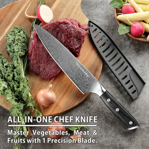 Vista 6 de Cuchillo de chef de 8 pulgadas, cuchillo de cocina de acero inoxidable de alto carbono con afilador y protector de dedos, cuchillo de cocina