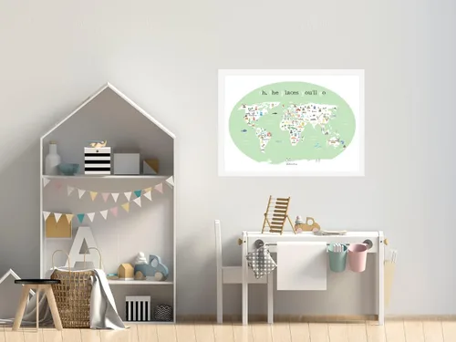 Vista 4 de Mapa del mundo para niños (11 x 14) verde – Mapa educativo del mundo para niños con animales y lugares de interés, decoración de pared de guardería