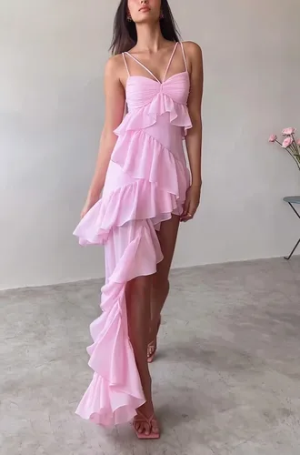Vista 2 de Vestido largo sexy de malla transparente con volantes para mujer, estilo Y2K, con tirantes delgados, con abertura, para fiesta en discotecas