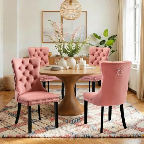 Vista 54 de Juego de 2 sillas de comedor de terciopelo con patas de madera, color beige Mid Century Modern Dining Chairs,Upholstered Chairs with Nailhead