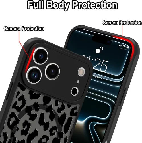 Vista 2 de Funda magnética para iPhone 17 Pro [compatible con MagSafe], bonita funda de moda con estampado de leopardo negro, translúcida, mate, parte trasera