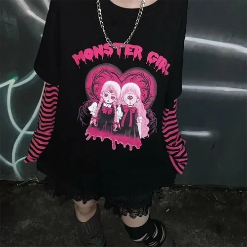 Vista 3 de PAROSEN Camisa gótica para mujer, camisas kawaii Harajuku moda gótica Y2K Grunge Tops para adolescentes niñas Anime manga larga