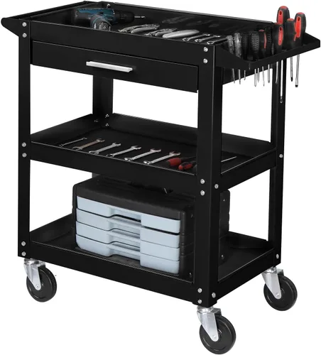 Vista 10 de TUFFIOM - Carrito de herramientas rodante de 2 niveles, carrito de servicio industrial con ruedas con 2 frenos, carrito utilitario de acero