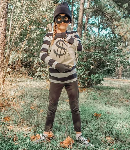 Vista 8 de QUJQOM Disfraz de ladrón de Halloween para mujer, adulto, ladrón de bancos, cosplay, camiseta a rayas, calcetines con guantes, bolsas de lona