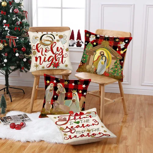 Vista 3 de Fukeen Juego de 4 fundas de almohada con texto en inglés "Merry Christmas" de 16 x 16 pulgadas con texto en inglés "Natividad de Jesús, Noche