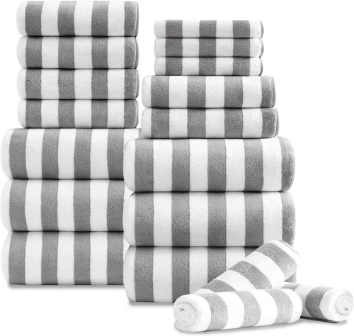 Vista 10 de Juego de 18 toallas de baño de rayas color blanco y negro con lazo para colgar, 6 toallas de baño, 6 toallas de mano, 6 toallas familiares, juego