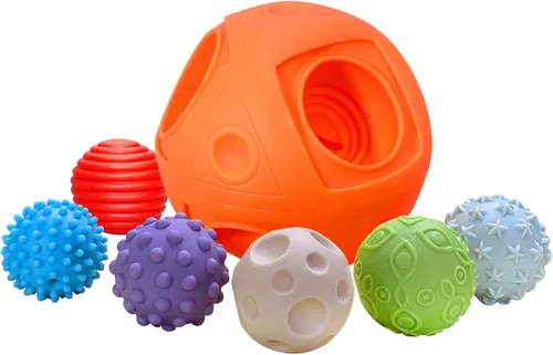 Vista 10 de Pelotas sensoriales, juguetes Montessori con sonajero de bebé de 3 a 6 meses 6 Multiple Textured Stress Balls with Blue Rattle, Bright