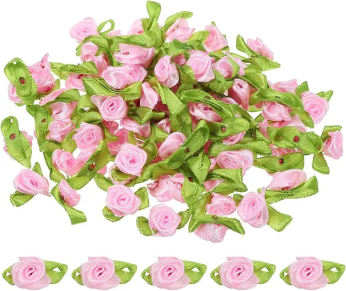 Vista 13 de PATIKIL Mini rosas de cinta, 100 unidades, pequeñas flores de tela de satén con adornos de hojas verdes, rosetas para manualidades, costura, boda