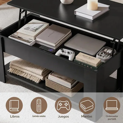 Vista 6 de Yaheetech Mesa de café de madera, mesa de centro con estante de almacenamiento oculto grande, mesa de comedor con superficie elevada para sala