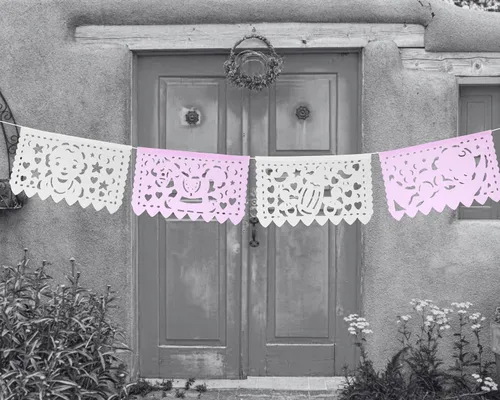 Vista 7 de Pancartas de fiesta de baby shower de niña rosa/blanca – Decoraciones de baby shower rosa Fiesta Papel Picado, guirnaldas de papel con serpentinas