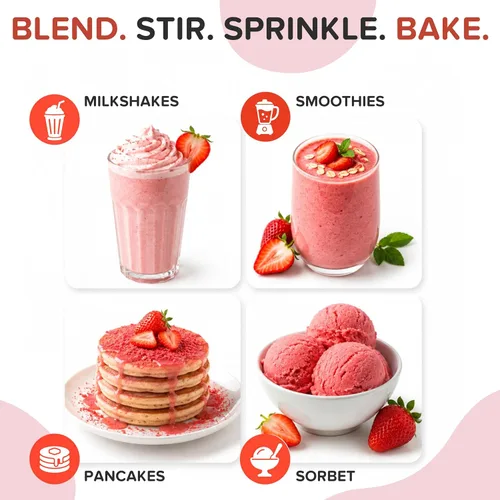 Vista 9 de Polvo de fresa liofilizado orgánico de fresas orgánicas liofilizadas – Rico en fibra, para batidos, hornear y colorante natural de alimentos rosa