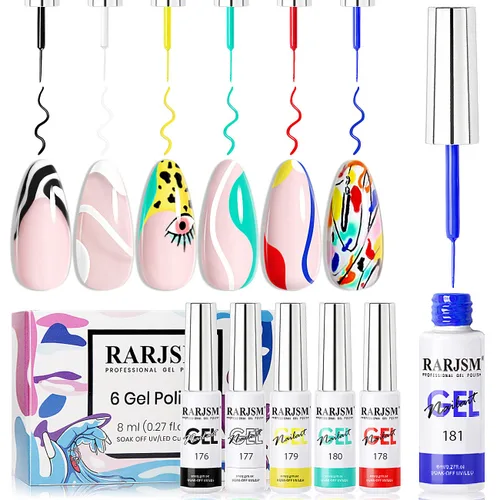 Vista 12 de RARJSM Juego de esmaltes de uñas de gel de pintura metálica, negro, plateado, dorado, verde, rosa, negro, brillantina, efecto platino, 6 piezas, Set