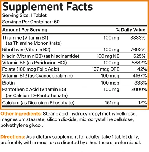 Vista 8 de Bronson Super B100 Complejo de Vitamina B de liberación sostenida contiene todas las vitaminas B (vitamina B1, B2, B3, B6, B9 - ácido fólico, B12)
