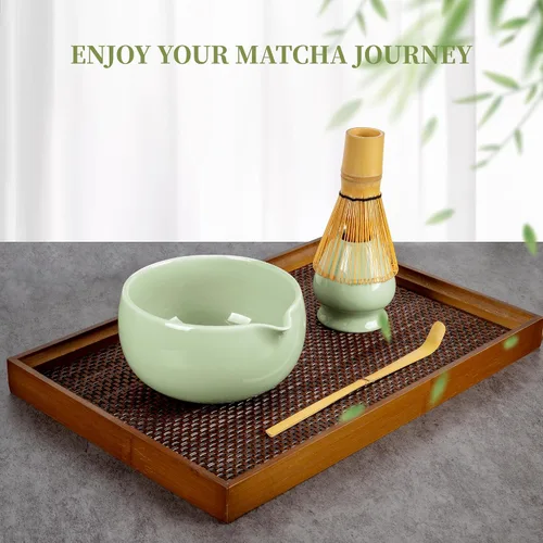 Vista 7 de YIBO Matcha Whisk Set, Matcha Kit Bamboo Whisk and Ceramic Bowl with Spout & Measuring Spoon & Cup, Japanese Ceremony Matcha Tea Making Tools Green