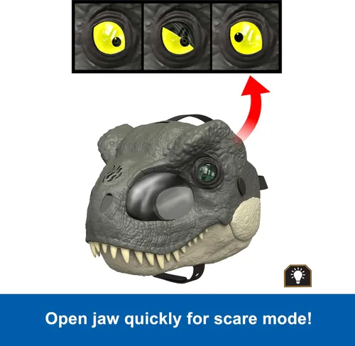 Vista 9 de Mattel Jurassic World Rebirth T-Rex Rage N Roar Máscara con ojos LED que se iluminan, acción de parpadeo con efecto de agresión de 3 niveles