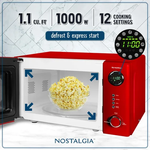 Vista 97 de Nostalgia Horno microondas retro compacto para encimera, 0.7 pies cúbicos, 700 vatios con pantalla digital LED, bloqueo para niños, interior fácil