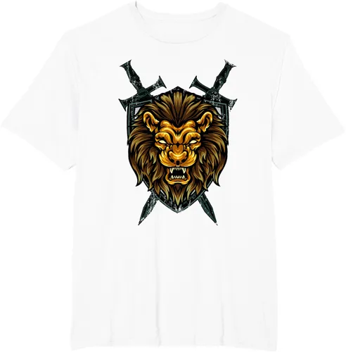 Vista 57 de Camiseta con diseño de caballero medieval renacentista, con diseño de espada de león, Negro, S