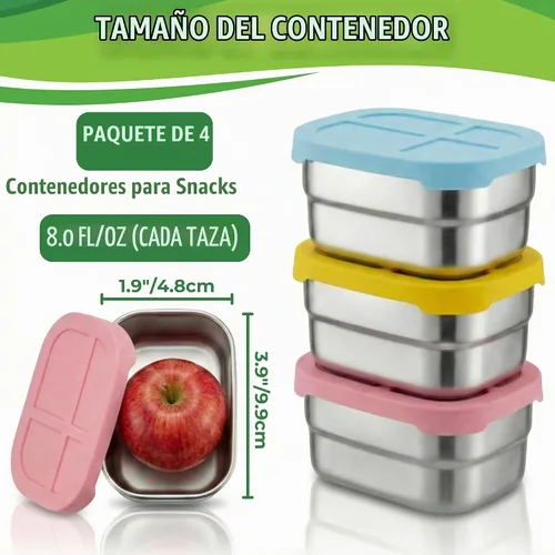 Vista 3 de Contenedores de acero inoxidable de 8 onzas con tapas de silicona, paquete de 4 recipientes de aperitivos de acero inoxidable, sin BPA