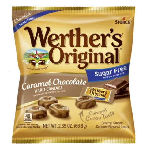 Vista 5 de Werther's Original Paquete de variedad sin azúcar de 4 - Una bolsa de cada sabor - Caramelos duros, caramelo con café, caramelo con chocolate