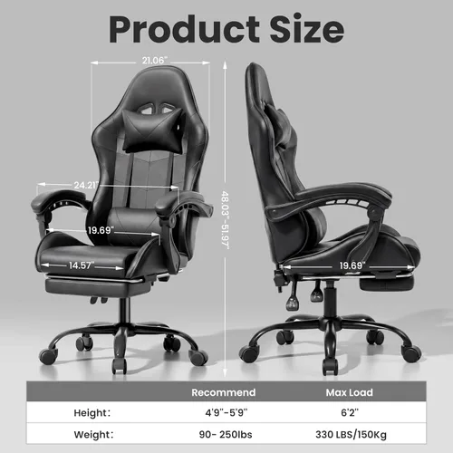 Vista 3 de Silla de juego, reposapiés ergonómico, lumbar y reposacabezas Negro