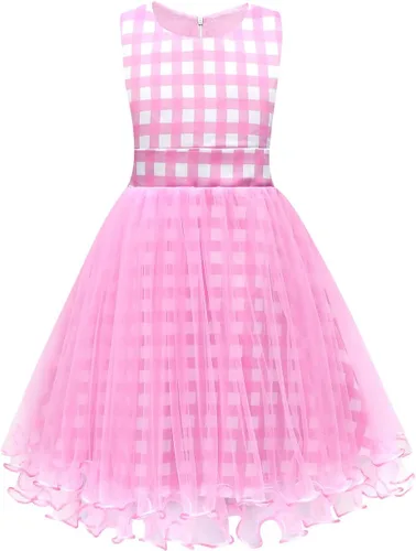 Vista 3 de Vestido vintage para niñas pequeñas, a cuadros, cuello halter, acampanado, vestido retro de cóctel, vestido de noche, disfraces de graduación