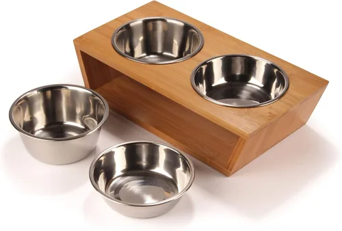 Vista 5 de BambooMN Comedero elevado para perros, soporte 100% bambú, 4 cuencos de metal para alimentos y agua, pequeño