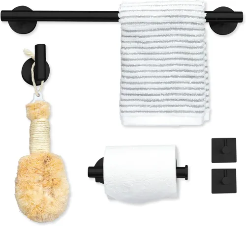 Vista 9 de Ilyapa Juego de accesorios de baño negro, juego de 3 piezas para montaje en la pared, barra para toallas, soporte para papel higiénico, anillo