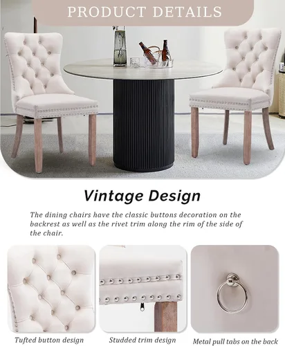 Vista 6 de Juego de 2 sillas de comedor de terciopelo con patas de madera, color beige Mid Century Modern Dining Chairs,Upholstered Chairs with Nailhead
