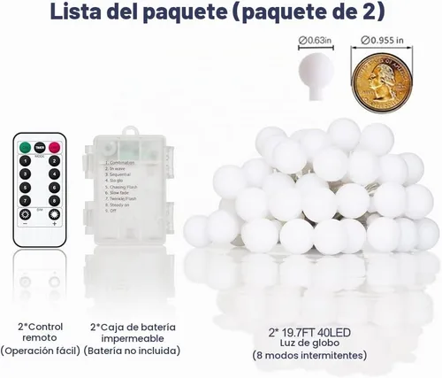 Vista 6 de Guirnalda de luces de globo funciona con pilas, color blanco cálido, resistente al agua, paquete de 2 unidades de 40 luces LED de 19.7 pies, 8 modos