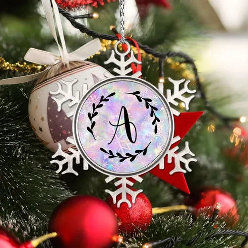 Vista 3 de Adorno de copo de nieve de letra A con inicial de copo de nieve, corona negra, adorno con monograma para decoración de árbol de Navidad, adornos