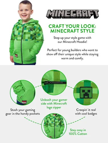 Vista 4 de Minecraft Sudadera con capucha Creeper para niño, forro polar verde con licencia oficial de star wars silent one crew.