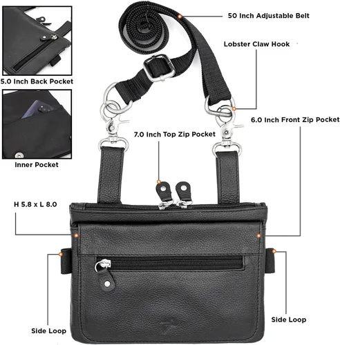 Vista 2 de Riñonera de motociclista de cuero real para hombre, bolsa de cintura de piel con lazo para la cintura, se convierte en bolso cruzado, con trabillas