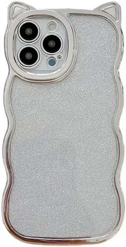 Vista 7 de Funda con purpurina para mujer para iPhone 12 Pro Max, marco ondulado rizado, funda brillante para iPhone 12 Pro Max lindas orejas de gatito en 3D