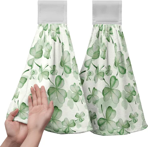 Vista 10 de Juego de 2 toallas de cocina colgantes de hojas tropicales de verano, color verde, hojas de palmera, con bucles para colgar, suaves y absorbentes