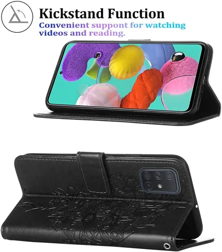 Vista 4 de para Samsung Galaxy A51 Case Wallet Flip Cover (Negro) Butterfly Floral Embossed Pattern, Wrist Strap, PU Leather, Card Holder Slots, Cash Pocket