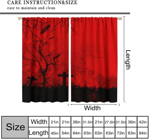 Vista 2 de Cortinas de Halloween con diseño de bosque gótico rojo, cruz gótica, Halloween, festividades, festival, tratamiento de ventana para sala de estar