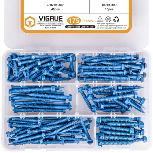 Vista 8 de VIGRUE Kit surtido de tornillos de hormigón de 1/4 de pulgada, 3/16 pulgadas, 210 tornillos de cemento de cabeza plana para anclar a mampostería